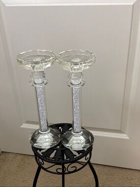 Clear Glass Crystal Accent Candle Holders - Set of 2